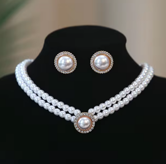 3PCS/Set Sweet Lady Imitation Pearl Round Pendant Necklace Earrings Jewelry Set