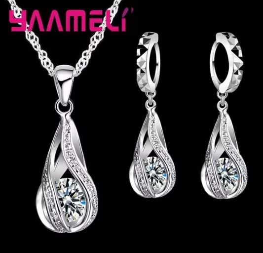 Hot Water Drop CZ 925 Sterling Silver Jewelry Set For Women Pendant Necklace Hoop Earrings Wedding Party Ceremoey Anel